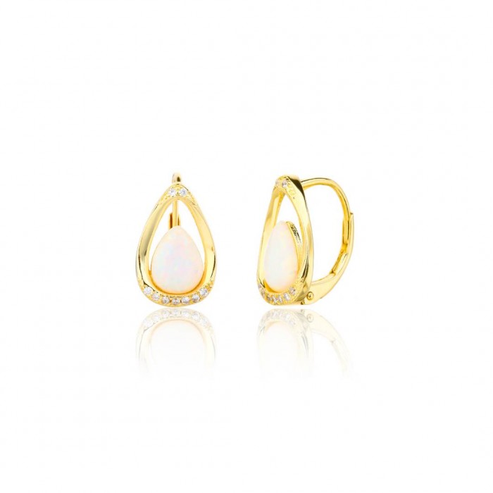 Kolczyki srebrne - złocone łezki z mlecznymi opalami