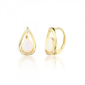 Kolczyki srebrne - złocone łezki z mlecznymi opalami