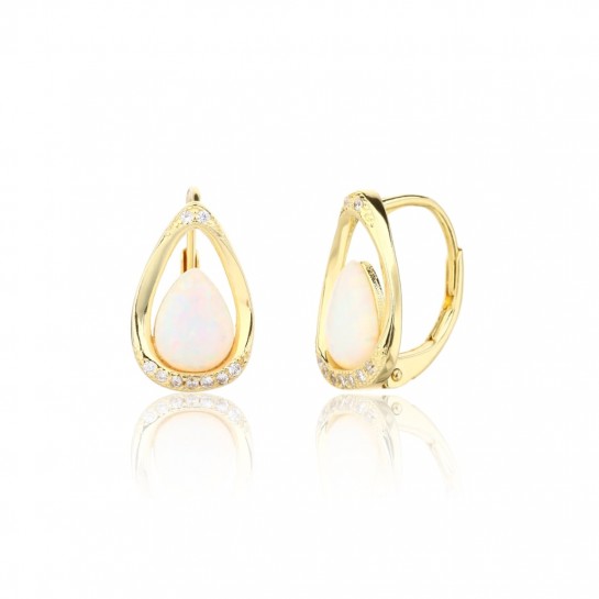 Kolczyki srebrne - złocone łezki z mlecznymi opalami