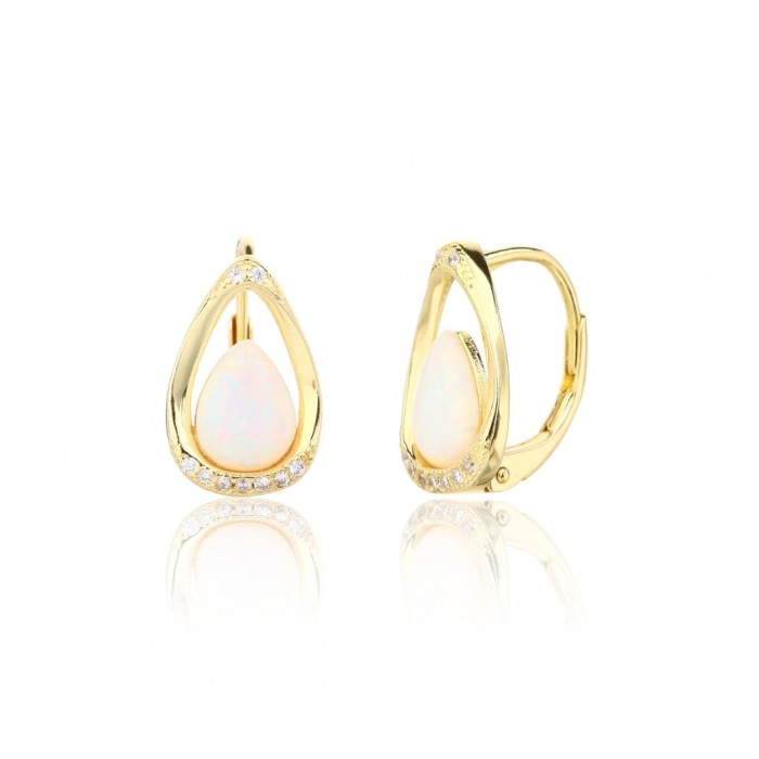 Kolczyki srebrne - złocone łezki z mlecznymi opalami