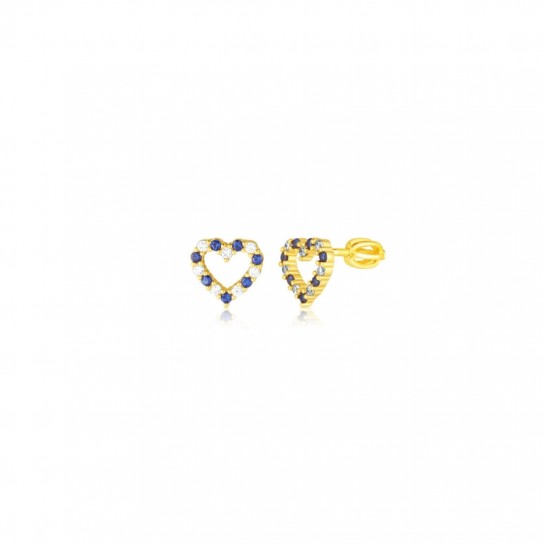 Kolczyki srebrne złocone zakręcane - konturowe serca z niebieskimi cyrkoniami