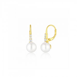 Pozłacane kolczyki srebrne z białą perłą i trzema cyrkoniami (Srebro 925)