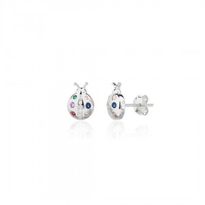 Srebrne kolczyki biedronki z kolorowymi cyrkoniami