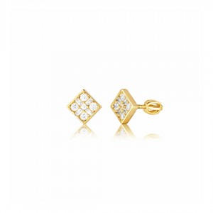 Srebrne pozłacane kolczyki kwadraty z cyrkoniami 925 zakręcane wkrętki