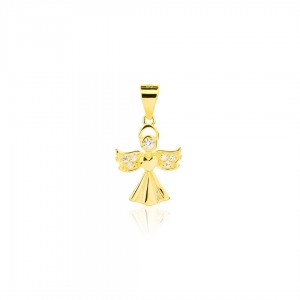 Zawieszka srebrna pozłacana na komunię - anioł z serduszkiem i cyrkoniami