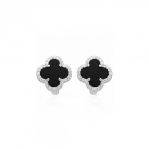 Kolczyki srebrne z onyksem i cyrkoniami - koniczyna 