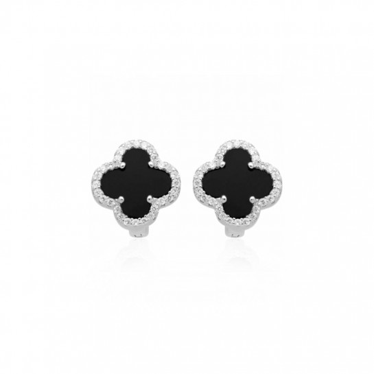 Kolczyki srebrne z onyksem i cyrkoniami - koniczyna 