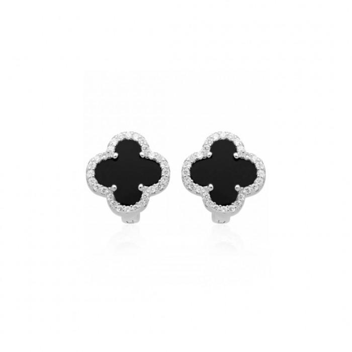 Kolczyki srebrne z onyksem i cyrkoniami - koniczyna 