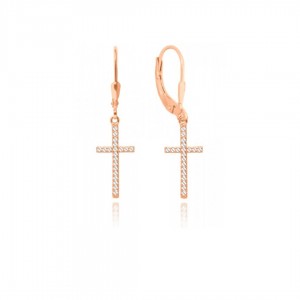 Kolczyki srebrne 925 pozłacane (rose gold) - krzyże z cyrkoniami