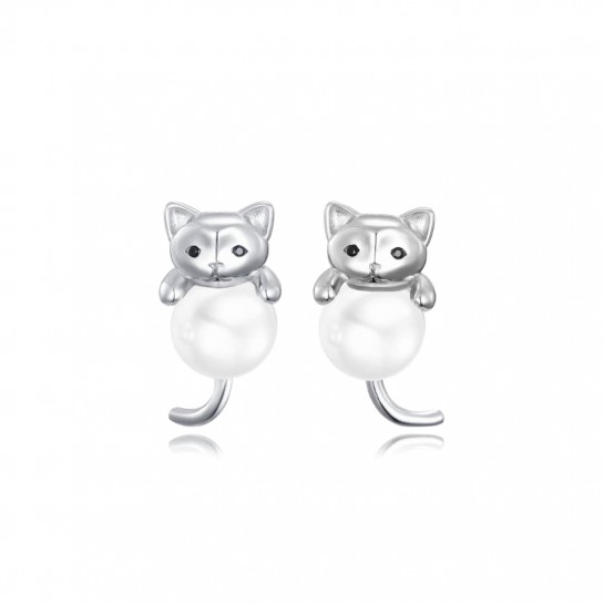 Kolczyki srebrne - koty z perłami 