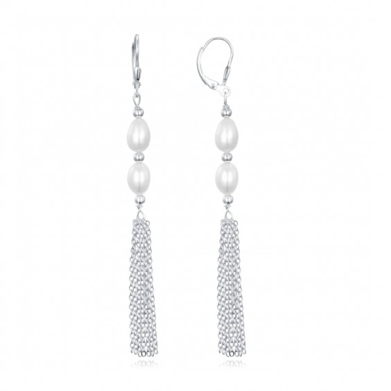 Kolczyki srebrne - perły z wiszącymi łańcuszkami