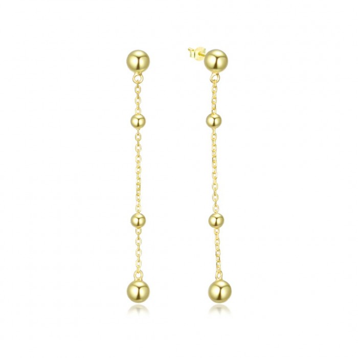 Kolczyki srebrne pozłacane na sztyft - wiszące kulki na łańcuszkach