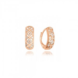 Kolczyki srebrne pozłacane (rose gold) - ażur z białymi cyrkoniami