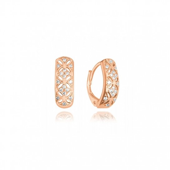Kolczyki srebrne pozłacane (rose gold) - ażur z białymi cyrkoniami