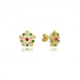 Kolczyki srebrne pozłacane - śnieżynki z kolorowymi cyrkoniami
