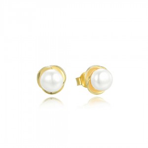 Kolczyki srebrne pozłacane sztyfty - białe perły 6 mm