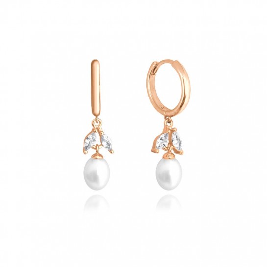 Kolczyki srebrne rose gold - naturalne perły z cyrkoniami (listkami)