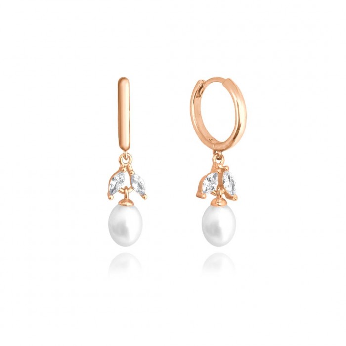 Kolczyki srebrne rose gold - naturalne perły z cyrkoniami (listkami)