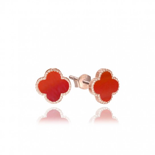 Kolczyki srebrne rose gold wkrętki - koniczyny z agatem