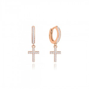 Kolczyki srebrne rose gold z cyrkoniami - wiszący krzyżyk
