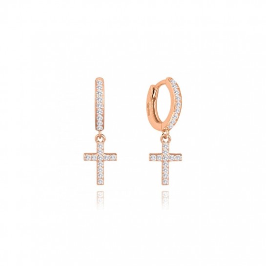 Kolczyki srebrne rose gold z cyrkoniami - wiszący krzyżyk