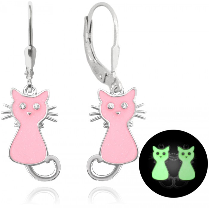 Kolczyki srebrne - świecące koty różowe 