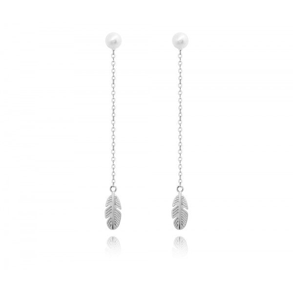 Kolczyki srebrne - wiszące piórka z perłami