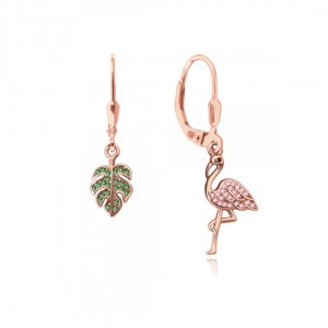 Kolczyki srebrne rose gold z cyrkoniami - flaming i liść