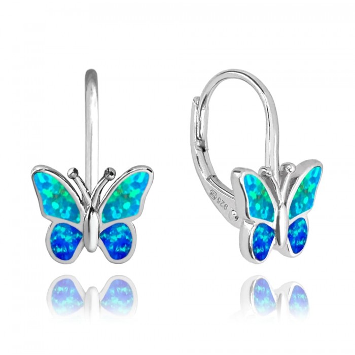 Kolczyki srebrne z opalem - niebieskie motyle 