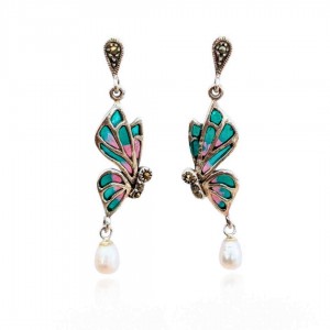 Kolczyki srebrne pr. 925 z witrażem i perłami - motyle