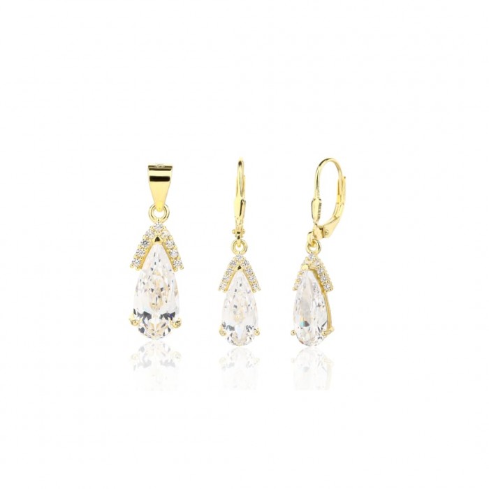Kolczyki srebrne z zawieszką (komplet) pozłacane - eleganckie z cyrkoniami w kształcie łezki