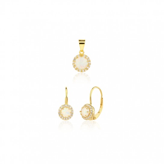 Kolczyki srebrne z zawieszką (komplet) - pozłacane z białymi opalami
