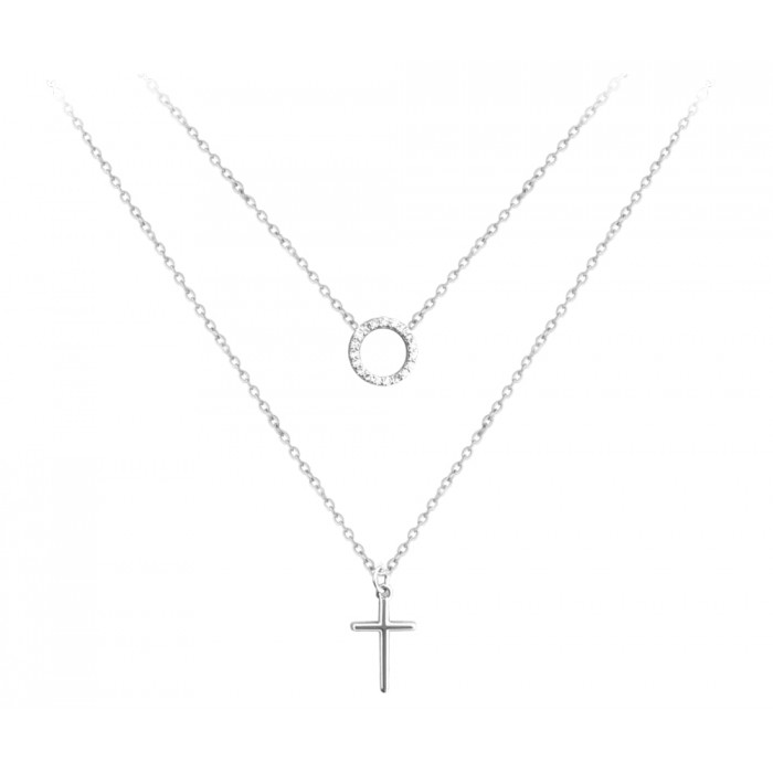 Naszyjnik srebrny podwójny z krzyżem i okręgiem