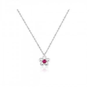 Naszyjnik srebrny - kwiatek z czerwoną cyrkonią