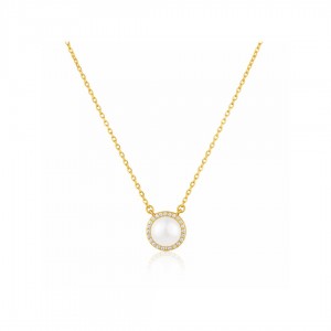 Naszyjnik srebrny pozłacany 925 z naturalną perłą i cyrkoniami