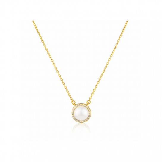 Naszyjnik srebrny pozłacany 925 z naturalną perłą i cyrkoniami