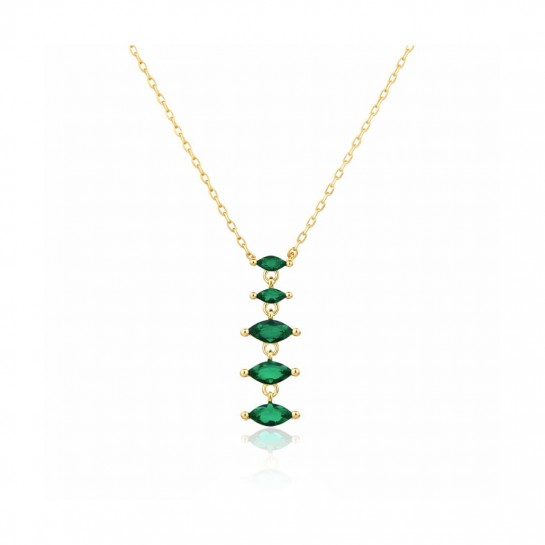 Naszyjnik srebrny pozłacany - kaskada zielonych cyrkonii