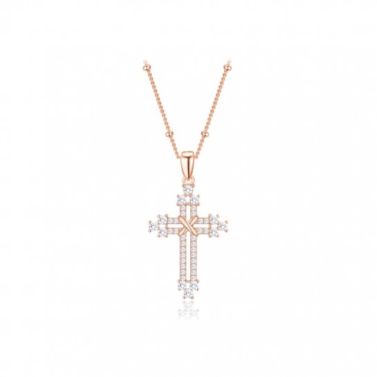 Naszyjnik srebrny pozłacany na różowo - krzyż zdobiony cyrkoniami