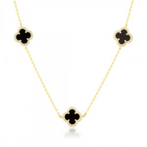 Naszyjnik srebrny pozłacany z koniczynami zdobionymi onyksem