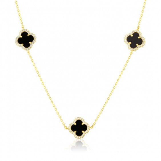 Naszyjnik srebrny pozłacany z koniczynami zdobionymi onyksem