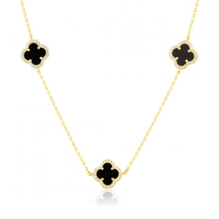 Naszyjnik srebrny pozłacany z koniczynami zdobionymi onyksem