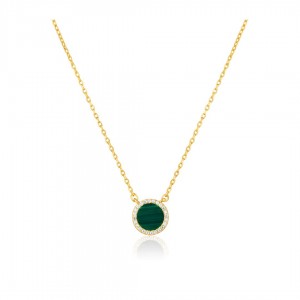 Naszyjnik srebrny pozłacany z okrągła zawieszką z malachitem