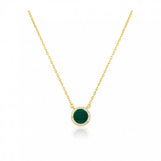 Naszyjnik srebrny pozłacany z okrągła zawieszką z malachitem