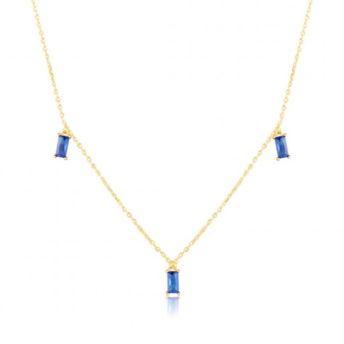 Naszyjnik srebrny pozłacany z prostokątnymi niebieskimi cyrkoniami