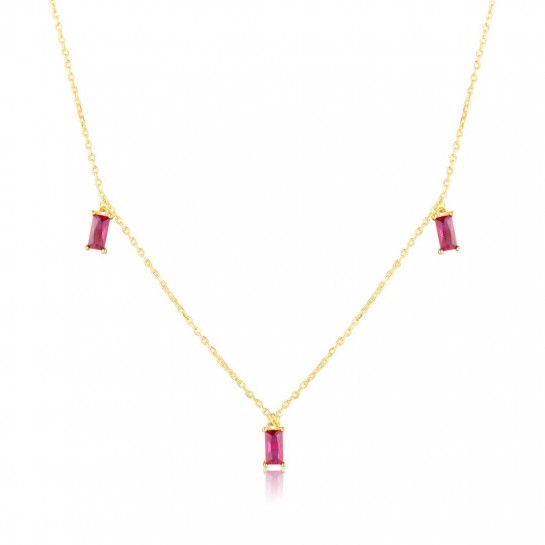 Naszyjnik srebrny pozłacany z prostokątnymi różowymi cyrkoniami