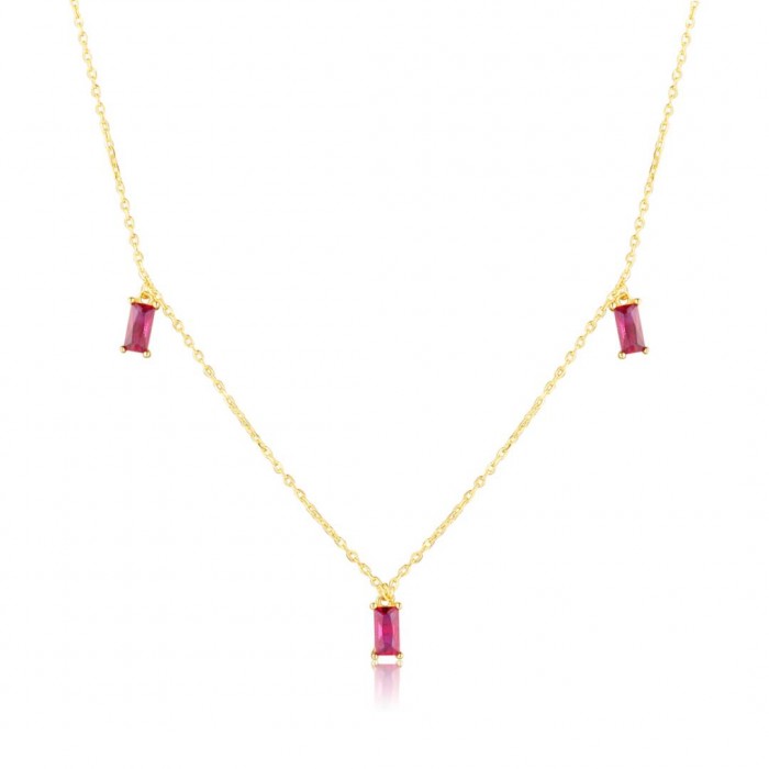Naszyjnik srebrny pozłacany z prostokątnymi różowymi cyrkoniami