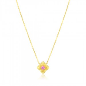 Naszyjnik srebrny pozłacany z różową cyrkonią w ozdobnym rombie