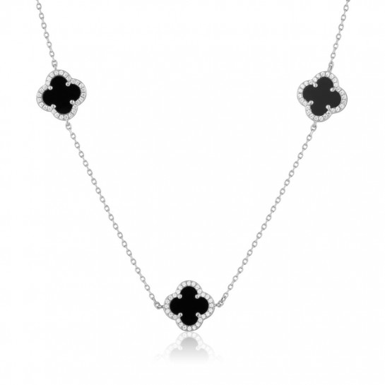 Naszyjnik srebrny pr. 925 z koniczynami zdobionymi onyksem