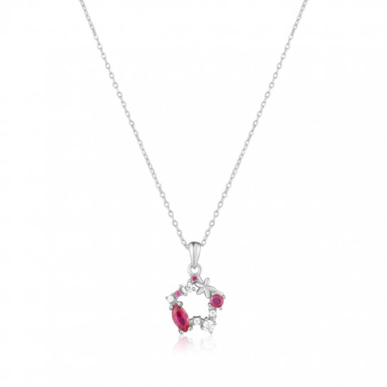 Naszyjnik srebrny z okrągłą zawieszką z różowymi i białymi kamieniami
