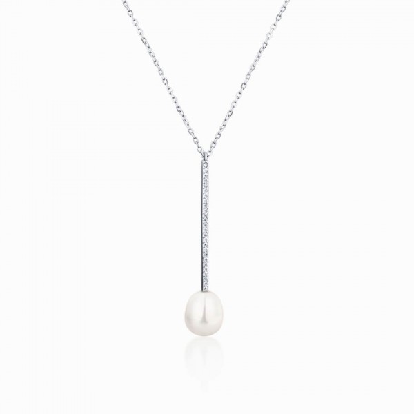 Naszyjnik srebrny z zawieszką - patyczek z perłą i cyrkoniami